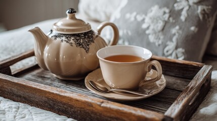 Fototapeta premium Pale beige calming tea set in tray tranquil and formal for hospitality visuals