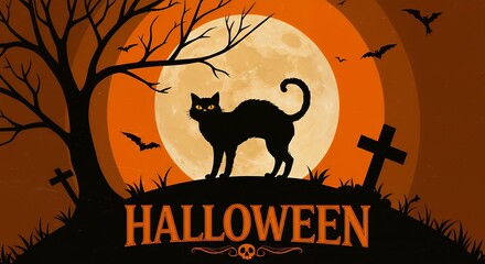 Vintage-style Halloween art with black cat, full moon, and orange typography