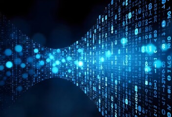 Blue binary code matrix falling, digital stream of numbers and letters, light background with light effects