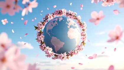 Earth encircled by cherry blossoms in spring sky