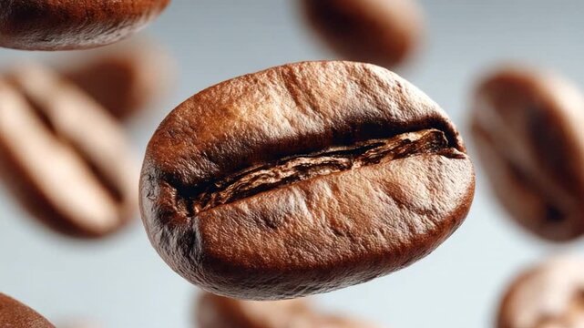 Floating roasted coffee beans in a soft-focus background, capturing the essence of aroma and freshness in a dynamic and engaging way