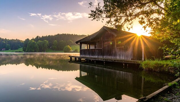 Lakeside cabin at sunrise