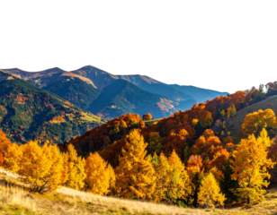 Vibrant autumn foliage blankets rolling hills and majestic mountains, with trees abla