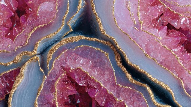 Stunning pink geode crystal formation with shimmering golden veins and layered structure.