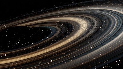 Abstract Swirling Golden and Grey Rings with Sparkling Particles in Space