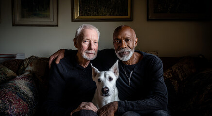 Elderly gay couple relaxing on a sofa with their dog in a cozy home