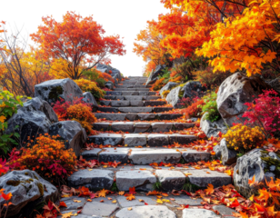 A serene pathway of stone steps surrounded by vibrant autumn foliage on rocky terrain