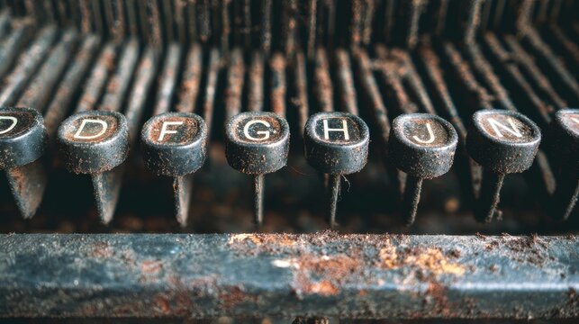 Close-up of rusty vintage typewriter keys and aged mechanism