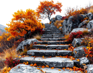 A serene pathway of stone steps surrounded by vibrant autumn foliage on rocky terrain 