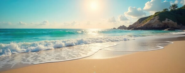 Sun-kissed sand, gentle waves caress the shore, creating a serene yet alluring beach landscape Perfect for travel, vacation, and relaxation themes , relaxation, sea, serene