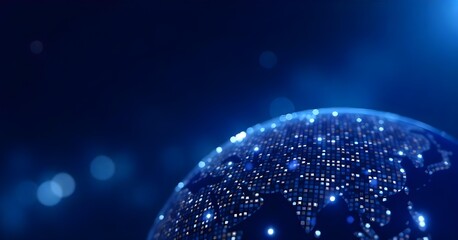 A blue globe made of dots in a dark blue background with some light spots, digital art