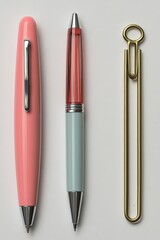 Fototapeta premium Three stationery items, two pens and a paperclip, on a white background