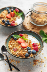 Granola bowls with yogurt, berries, and mint for breakfast