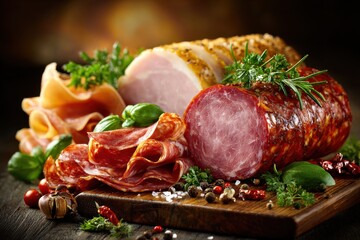 Gourmet selection of cured meats on wooden board
