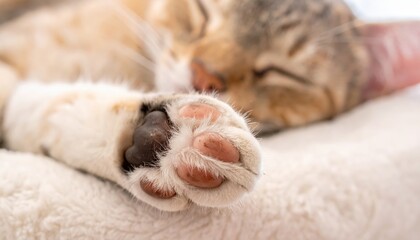 view captures a tranquil scene of a sleeping feline. Soft, warm tones highlight the cat's paw, with a focus on the pink pads and dark toe beans resting gently.
