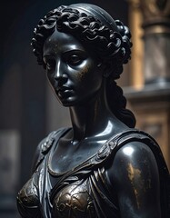 Close-up of a dark bronze statue of a woman