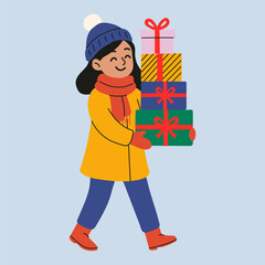 Happy Girl Carrying Stack of Christmas Presents