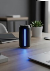 Modern energy drink can concept glowing on a creative workspace desk