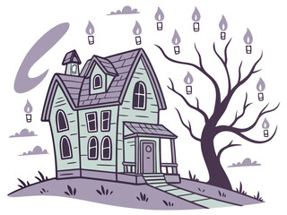 Fototapeta premium Creepy haunted house with a dead tree and floating candles vector illustration