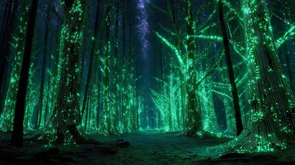 Obraz premium A surreal forest illuminated by vibrant green lights, creating an ethereal and enchanting atmosphere.