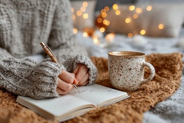 Warm drink and journaling in cozy atmosphere with fairy lights