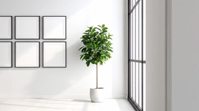 Modern minimalist interior with blank frames, plant, and window