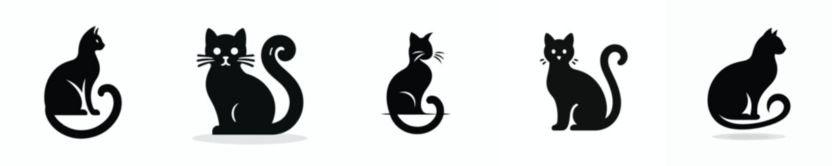 black cat silhouette vector with curved tail