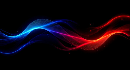 Fiery Red and Ice Blue Particle Waves – Fire and Ice Digital Background with Gradient, Bokeh, and Light Rays. Futuristic Visualization of Technology, Engineering, Science, and Artificial Intelligence