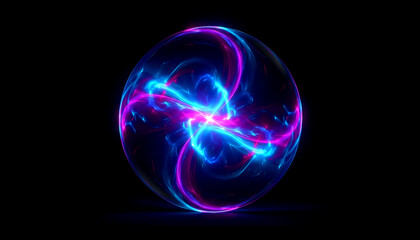 Glowing Neon 3D Sphere – Blue and Purple Digital Waves and Particles Form an Abstract Energy Orb. Futuristic Technology Concept Featuring AI, Engineering, and Scientific Innovation in a Visualization