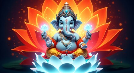 Ganesha seated on lotus, holding lotuses and modak