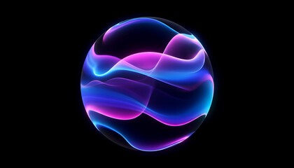 Glowing Neon 3D Sphere – Blue and Purple Digital Waves and Particles Form an Abstract Energy Orb. Futuristic Technology Concept Featuring AI, Engineering, and Scientific Innovation in a Visualization