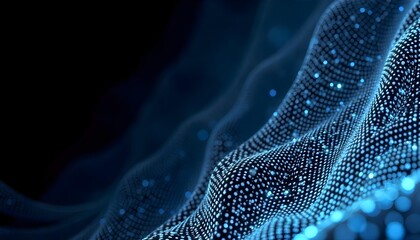 Blue dots forming waves in a dark background, the dots are arranged in a grid pattern, tand he waves are flowing from the bottom right to the top left