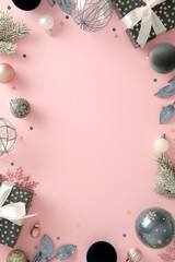 Elegant holiday flat lay with metallic baubles, glitter leaves, and polka dot gifts on pink background. Central space perfect for greeting cards or seasonal marketing designs.