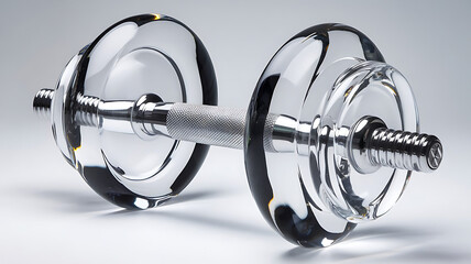 The image showcases a sleek, modern, clear glass dumbbell with transparent weights and a silver handle, enhancing its aesthetic appeal and functionality.