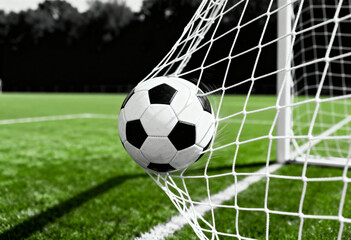 Fototapeta premium Soccer ball goal net grass field.