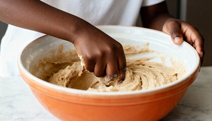 Fototapeta premium Black child stirring batter in ceramic bowl with spoon in warm afternoon light and happy, hands-on