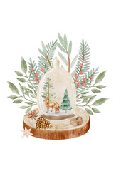Ready-made digital watercolor composition of a miniature cabin and forest scene inside a glass terrarium/dome, perfect for novelty holiday gifts and card designs.