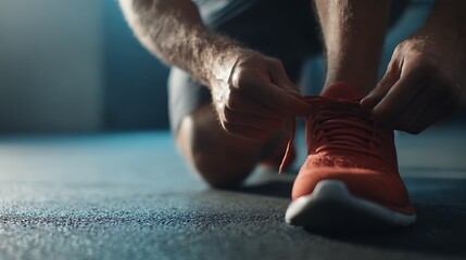 Runner tying shoelaces before a workout, preparing for a run or exercise