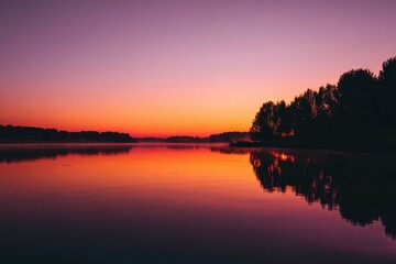 Obraz premium Sunset over Serene Waters: A breathtaking view of the sunset paints the sky with vibrant hues, mirrored perfectly in the still water below. The tranquil scene evokes feelings of peace and wonder.