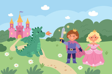 Princess with castle. Prince saves pretty girl from cute dragon, fairy tale medieval characters, magic kingdom landscape, fantasy children, cartoon flat isolated garish vector concept