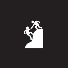 It depicts two stylized human figures: one is at the top of a small hill or cliff, extending a hand down to the other figure, who is reaching up from below. The image symbolizes help, collaboration.