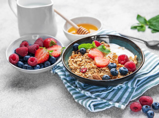 Granola bowl with yogurt, berries, and mint for breakfast