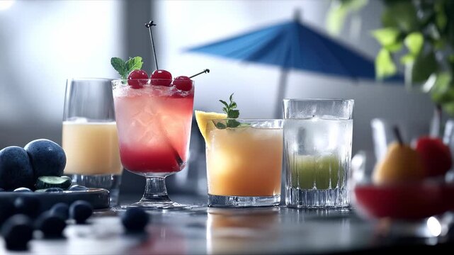 Several glasses containing refreshing beverages sit on a table. Fruit garnishes adorn some of the drinks. Ice cubes float within the liquid. Still life setup. Enjoy this relaxing video