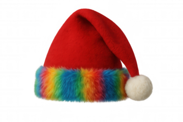 Red santa hat with rainbow fur trim and white pompom, symbolizing diversity, pride, and festive celebration