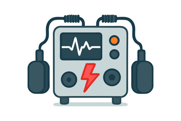 Cartoon Defibrillator with EKG Display and Red Lightning Bolt Symbol