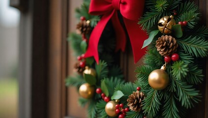 close-up of a beautifully decorated Christmas wreath with red ribbons, golden bells, pinecones, and holly leaves, hanging on a rustic wooden door