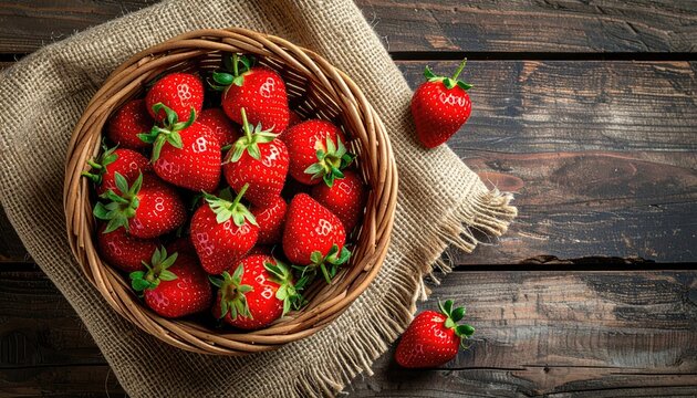 Fresh strawberries in a wicker basket on a rustic wooden table (1)