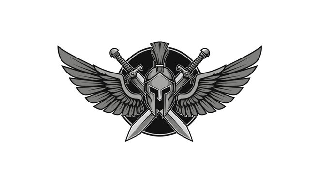 An emblem of ancient warriors featuring a helmet with crossed swords and wings in a circular design.
