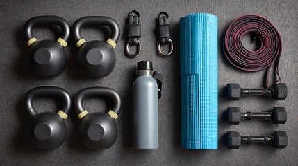 Gym equipment including kettlebells, dumbbells, mat, and water bottle
