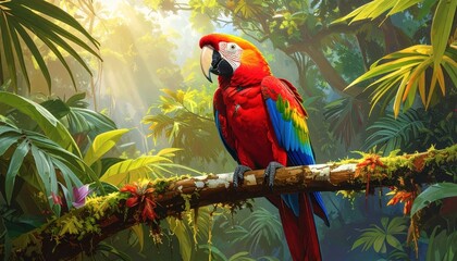 Colorful macaw parrot perches gracefully on a moss-covered branch within a lush, vibrant rainforest setting, bathed in sunlight filtering through dense foliage.
